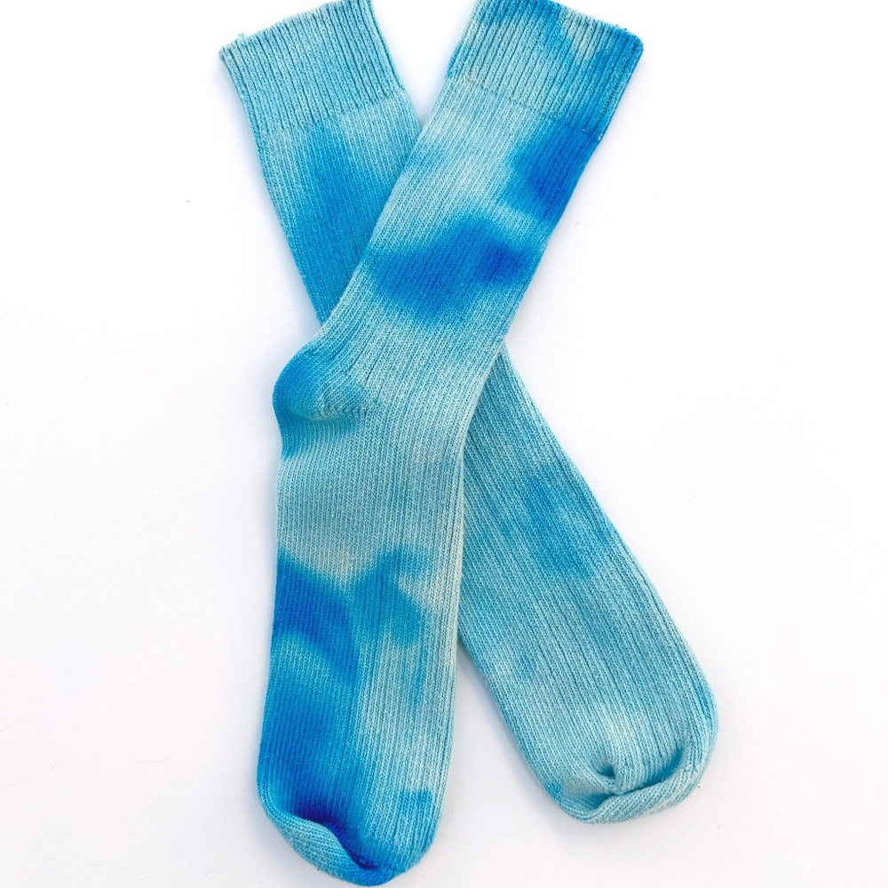 Blue Tie Dye Crew Socks Cozy Ice Dye Cotton Socks Slouchy Hand Dyed Size M/L